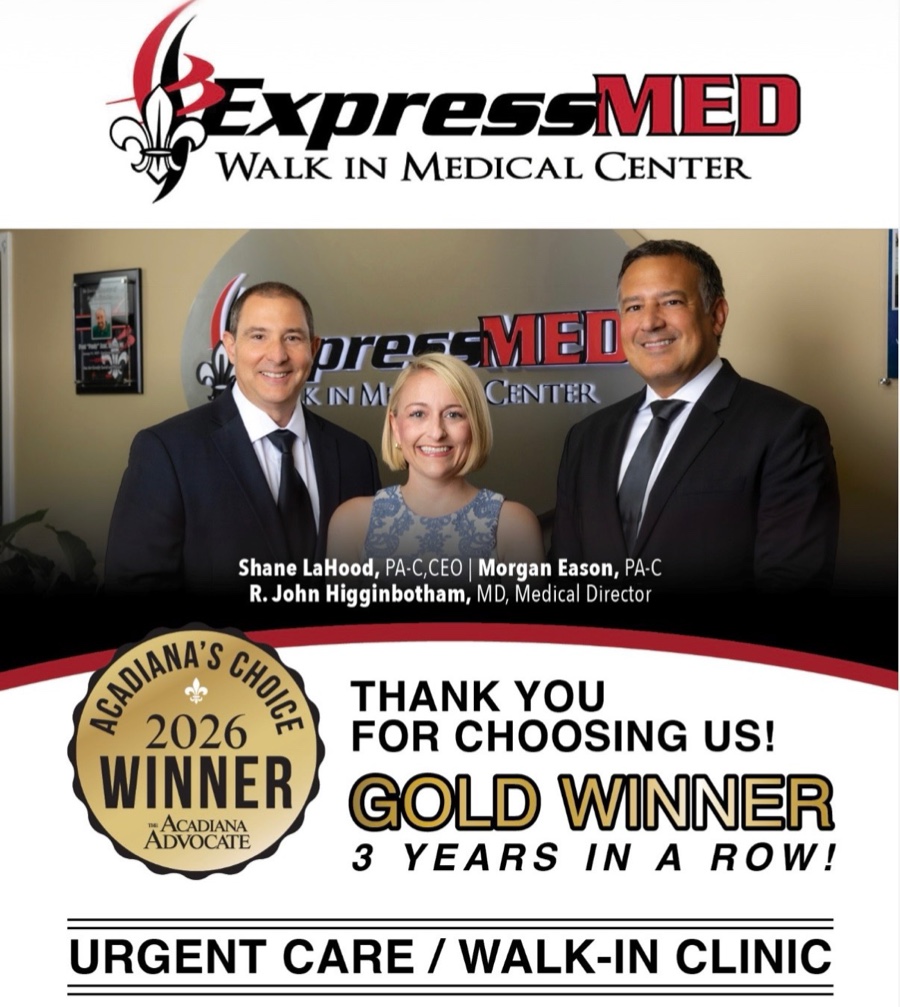 ExpressMED named Acadiana's Choice 2026 gold winner, three years in a row, with Shane LaHood, Morgan Eason and Dr. R. John Higginbotham
