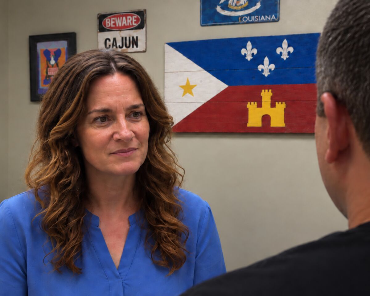 An ExpressMED provider listening to a patient in an exam room decorated with the Acadiana flag